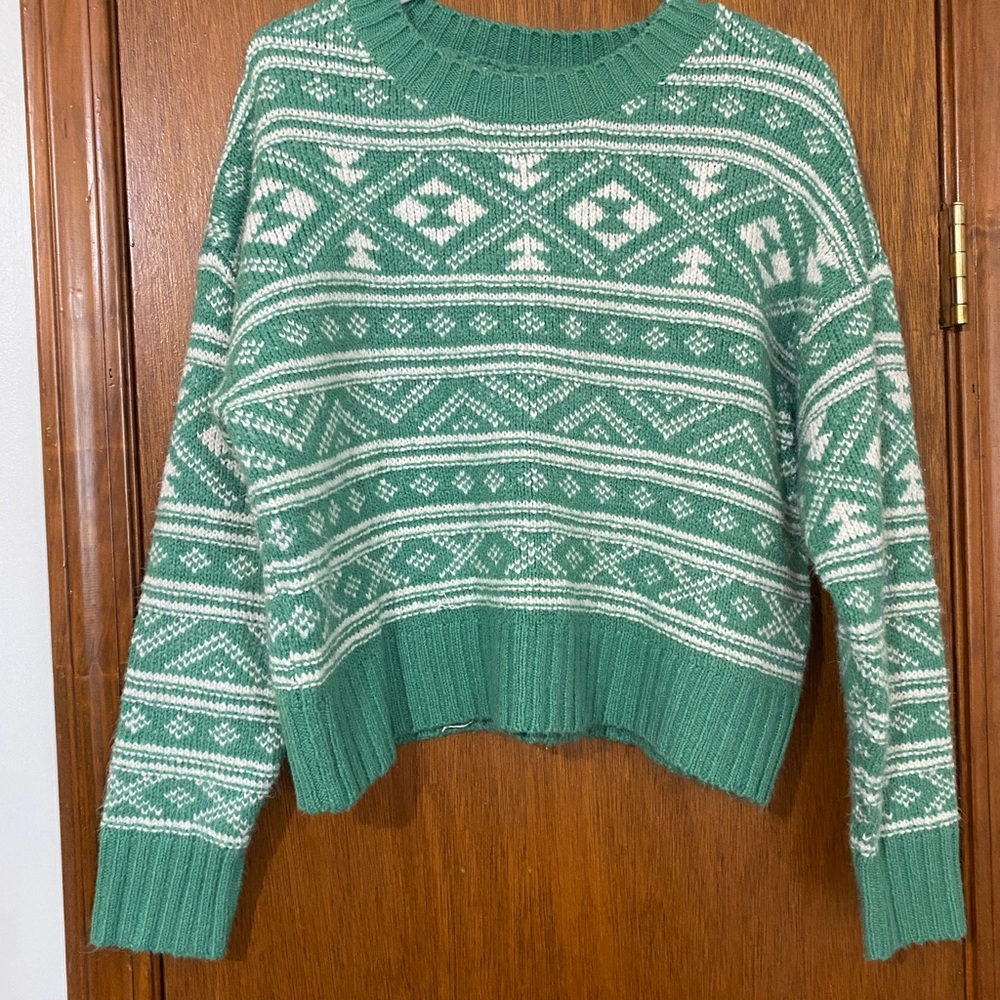 American Eagle Outfitters Green and White Fair Isle Crewneck Sweater